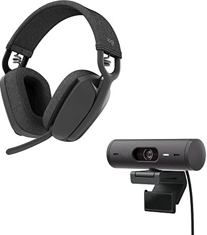 Logitech Brio 500 Full HD-Webcam und Zone Vibe 100 kabellose Kopfhörer mit geräuschunterdrückendem Mikrofon, funktioniert mit Microsoft Teams, Google Meet, Zoom, Mac/PC - Graphit