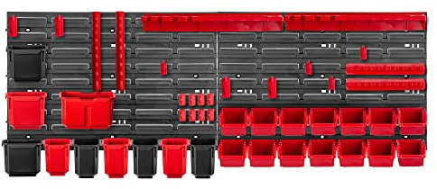 KADAX Werkstattregal, 116x39cm Werkzeugwandregal aus robustem Kunststoff, UV-Resistentes Lagersystem, Erweiterbare Wandplatten, Werkstatt oder Garten (Rot, 46 TLG.)