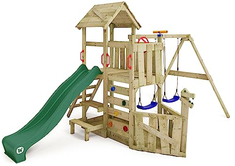 WICKEY Spielturm Klettergerüst GalleyFlyer mit Schaukel & Wellenrutsche, Garten Kletterturm für Kinder mit Sandkasten, Kletterleiter & Spiel-Zubehör – grün