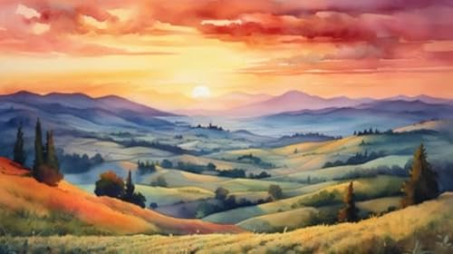 Acryl-Bild 50 x 30 cm: Sonnenuntergang über den Hügeln der Toskana, Italien. Digitale Aquarellmalerei. (209719314)