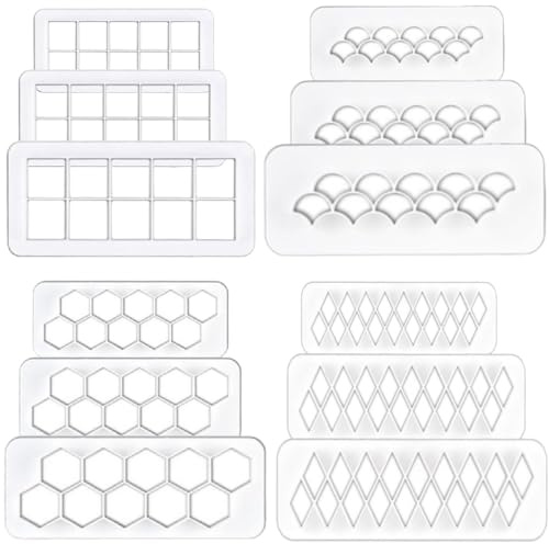 12 Pieces Cake Mold Cookie Fondant Cutters, Geometric Biscuit Cutters Embossing Square and Hexagon Fish Scale, for Birthday Cupcake Decorating Supplies