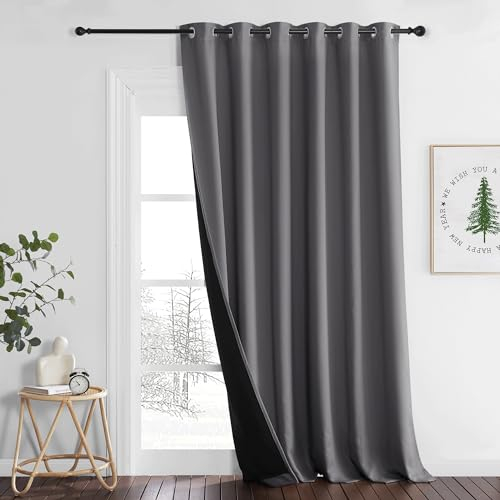 PONY DANCE Doppellagiger und Schwerer Vorhang Hitzeschutz Thermogardinen mit Ösen 1 Stück H 245 x B 200 cm Extra Breite Gardine Lichtundurchlässig Raumteiler Vorhang Grau Blickdicht