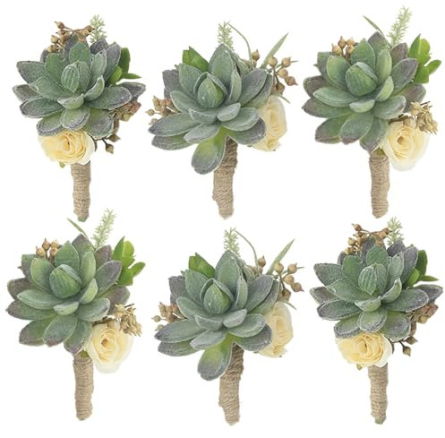 Rinlong Ansteckblume mit künstlichen Sukkulenten für Herren, Hochzeit, Bräutigam, Sukkulenten, Knopfloch-Zubehör, 6 Stück