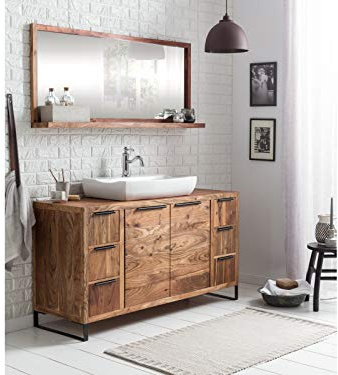 Woodkings Badset Sydney 2teilig, Waschtisch 138x45 mit Spiegel, Echtholz Akazie, Waschtischunterschrank Badmöbel Badezimmer Möbel Holz Unterschrank Badschrank