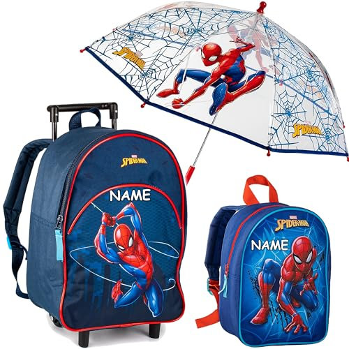 alles-meine.de GmbH 2 TLG. Set - Kinder Trolley + Rucksack + Regenschirm - Spyderman - inkl. Name - wasserabweisend & beschichtet - für Mädchen & Jungen - Trolly mit Rollen - Kin..