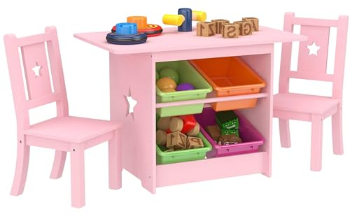 Mevsim Store Kinder Tisch und Stuhl Set - Kindertische Massivholz und Rosa - Tisch mit 4 Aufbewahrungsboxen, Star Design Kinderschreibtisch mit 2 Stühlen - Umweltverträgliche
