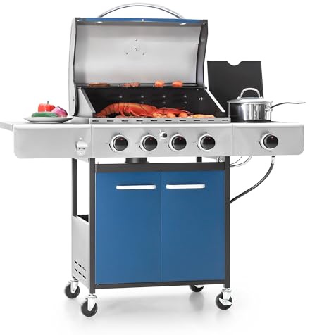 Captiva Designs 4-Burner Propane Gas BBQ Grill with Side Burner & Porcelain-Enameled Cast Iron Grates, 42,000 BTU Output Barbeque Grill for Outdoor Cooking Kitchen and Patio Backyard Barbecue, Blue
