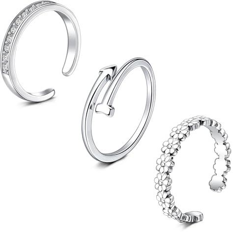 WillTen 3Pcs Silber Zehenring Edelstahl einstellbar Biegung offener Zehenring, Blume Pfeil Blatt CZ Zehe Finger Schwanz Ring Sommer Strand Fußschmuck Set für Frauen Männer