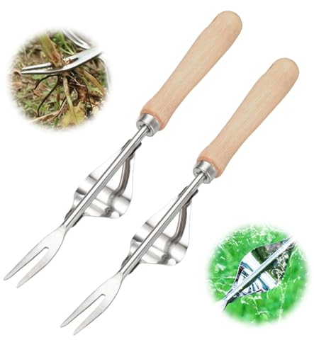 Handjätgerät für den Garten, 2024 Neu Unkrautstecher Edelstahl, Wurzeljäter mit Holzgriff, Manueller Weeder zum Graben, Jäten, Lösen (2PC)