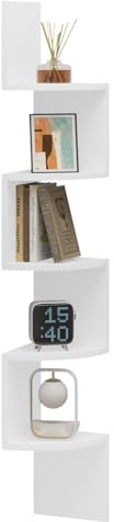WOLTU Wandregal Weiß Eckregal Hängend CD DVD Regal Bücherregal Zickzack 5 Regalböden 19,5x19,5x123cm, für Büro, Wohnzimmer, Schlafzimmer, Küche