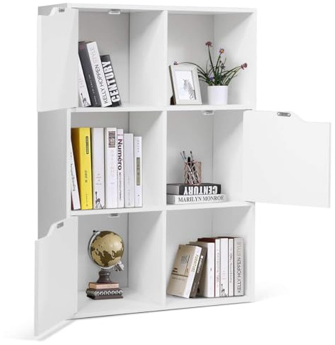 KOMFOTTEU 3 Ebenen Bücherregal mit 6 Fächern, Würfelregal Bücherschrank freistehend, Standregal Büroregal mit 3 Türen, Aktenregal 60 x 29 x 90 cm