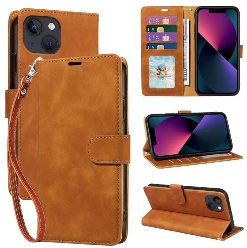 GOTOURED for iPhone 13 Phone Case Wallet, RFID Blocking Card Holder, Brown | 4 Card Slots, Wrist Strap, Soft PU Leather Flip Cover, Kickstand, Magnetic Closure, TPU Shell Protective, 13 6.1-inch