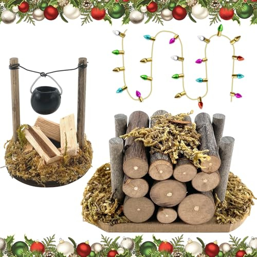TOPJOWGA Mini Lagerfeuer, Miniatur-Holzstapel, Mini Puppenhaus Zubehör, Miniatur-Kamin-Dekoration, Bunte Lampe, Miniatur Weihnachten Lagerfeuer, Holz Puppenhaus Lagerfeuer