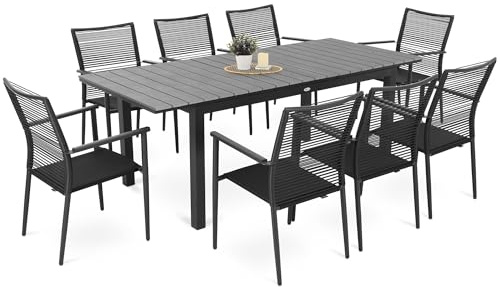 di volio Gartenmöbel MASSA, ausziehbarer Gartentisch mit stapelbaren Stühlen - Set, Essgruppe für 6-8 Personen, robust & wetterfest & langlebig (8+1)