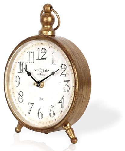 BITALYE Vintage Metal Desk Clock,Retro Desk and Shelf Clock,Antique Gold Decorative Mantel Table Clock for Living Room,Shelf Decoration,Desktop,Farmhouse(Antique Gold:16.4x22.8cm)