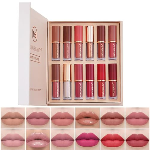 Baorder 12Pcs Velvet Matte Liquid Lipstick Set, Non-Stick Cup Nude Lip Stain Kit, Waterproof Long Lasting Quick-drying Matte and Glitter Lip Gloss, Lip Makeup Gift Kit für Frauen