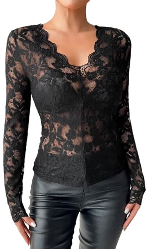 Haut Transparent Noir Femme Sexy Top Dentelle Femme soirée Tee Shirt Manche Longue Femme Chic et élégant Chemisier Femme Transparente et Sexy Tops en Filet à Mailles pour Festival (Black, S)