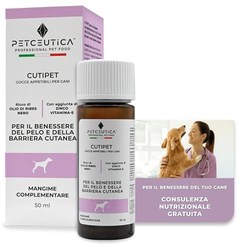 PETCEUTICA CUTIPET hundtillskott mot dermatit och klåda – vinbärsolja, zink, biotin – håravfall och irriterad hud – droppar som är lätta att administrera 50 ml – Made in Italy
