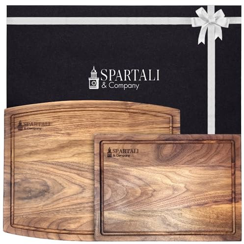 Spartali & Company Juego de tablas de cortar de nogal para cocina, tabla de cortar reversible de madera con ranuras para jugo, hecha de nogal americano, juego de 2 tamaños de 12 x 9 x 0,75 y 15 x 12 x
