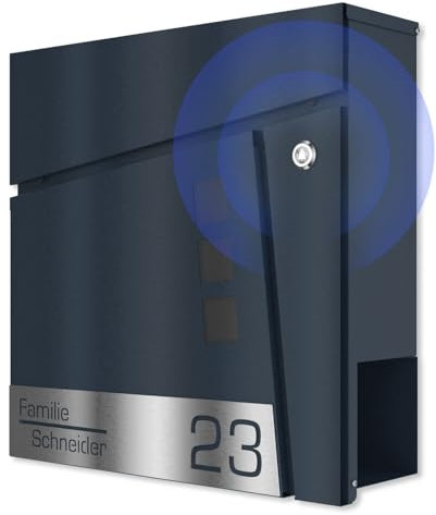 Graviers Design Briefkasten mit Funkklingel in Anthrazit RAL 7016 - Sichtfenster Postkasten personalisiert Edelstahl Namen Hausnummer Laserschnitt Gravur - Wandbriefkasten mit Schloss
