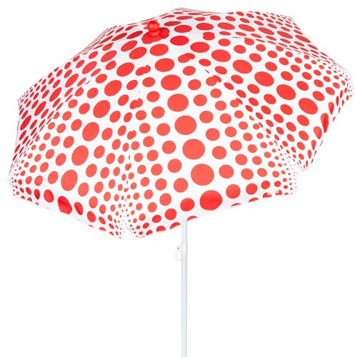 AKTIVE 62425 Strandschirm, 200 cm, 8 Streben, rote Punkte, UV50-Schutz, neigbarer und höhenverstellbarer Stahlmast, leicht und abnehmbar, Hülle mit Schultergurt im Lieferumfang enthalten (62425), rot