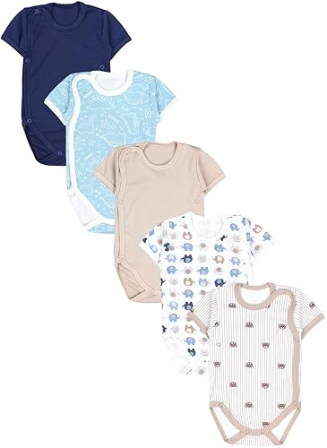 TupTam Baby Body Kurzarm Jungen – Wickelbody Kurzarm aus Baumwolle im 5er Set – OEKO-TEX Zertifiziert, Farbe: Dino Bären Elefanten Beige Dunkelblau Eisberg, Größe: 62