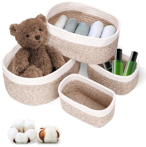 BBWELL Set di 4 Cestini Portaoggetti Intrecciato in Corda di Cotone –Organizer Fasciatoio,Cesto Portaoggetti,Cestini impilabili per bagno, cameretta, fasciatoio, giocattoli, cosmetici e decorazioni