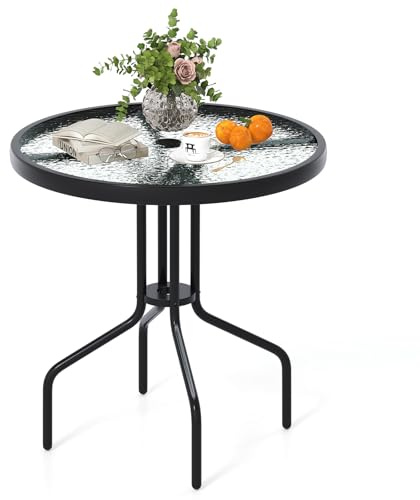 GOPLUS Beistelltisch rund, Ø70cm Gartentisch Metall mit Glasplatt & 4cm Schirmloch, Balkontisch klein wetterfest, Bistrotisch Kaffeetisch Terrassentisch, Esstisch Outdoor für Balkon Garten Terrasse