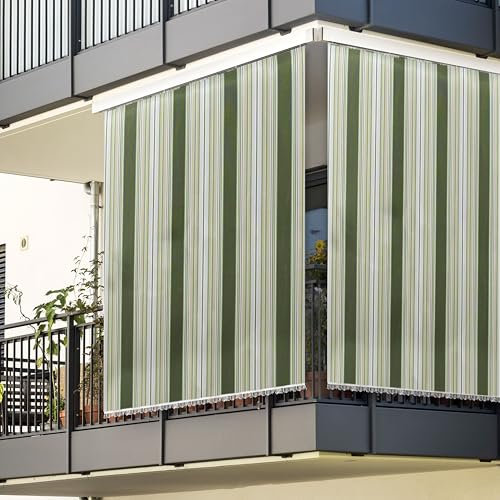 Tenda da Sole a Righe Premium per Balcone, Terrazzo o Veranda – Copertura Parasole Ombreggiante da Esterno con Anelli e Ganci – Tessuto Alta Qualità, Resistente ai Raggi UV e Intemperie (L)