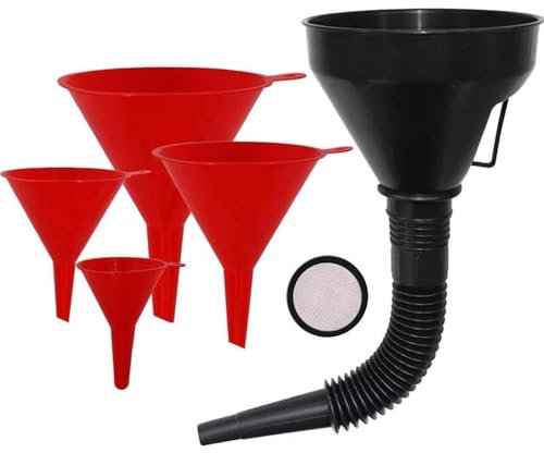 Lot de 5 entonnoirs en plastique pour huile de voiture - Grand entonnoir flexible avec tuyau de transfert de gaz - Rouge - 4 pièces