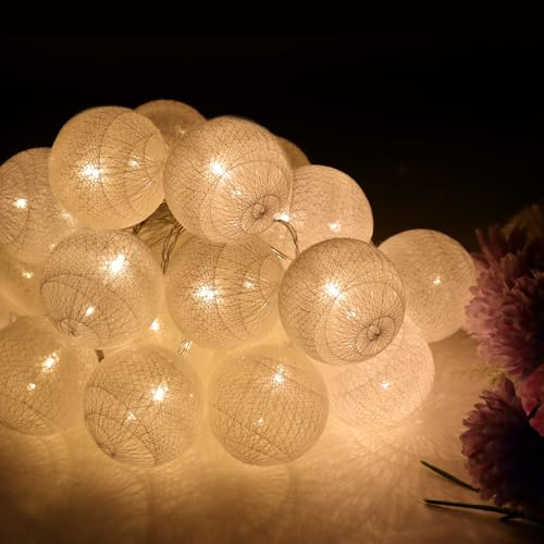 JINXIAN 20 LED Ghirlanda Luminosa Cotone 3 m/ 118 in Fairy Lights Ø 5.8 cm Ghirlanda Luci Esterno Bianco Caldo per Decorazioni Casa Camera da Letto Patio Cortile