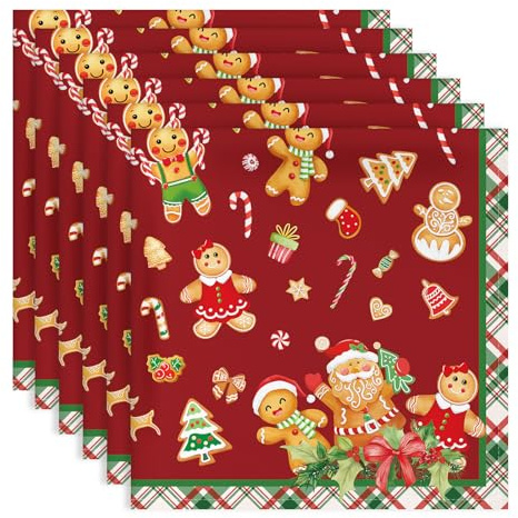 Arquiel Servietten Rote Weihnachten Lebkuchen 6er Set, Stoffservietten 100% Baumwolle Dekoratives Weiches Wiederverwendbare Esstisch Servietten für Weihnachten Küche Party(45×45cm)