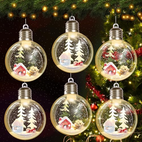 Encham 6 Stück Weihnachtskugeln LED mit Warmweiß Licht, klare transparente Christbaumkugeln mit austauschbaren Batterien, Weihnachtsbaumdeko für innen und außen