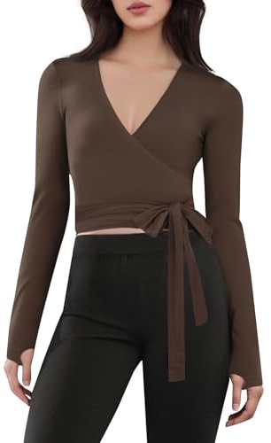 Edhomenn Womens Wrap Top Long Sleeve Deep V Neck Slim Fitted Thumbhole Blouse Ladies Front Tie Cross Wrap T Shirt Yoga Ballet Pilates Workout Top (03 Coffee, S)