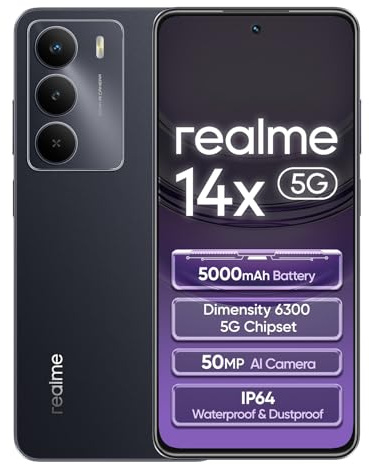 realme 14x 5G Smartphone 6+128GB,Nero Carbonio, Schermo 6.67 pollici, Refresco a 120Hz, Batteria 5000mAh, Fotocamera AI da 50MP, MediaTek Dimensity 6300, Protezione ArmorShell, IP64