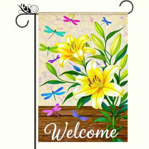 Drapeau De Jardin Avec Des Lys Jaunes Et Des Libellules Drapeaus Décoratif Premium Pride Flag Couleurs Vives Drapeau De Bienvenue Pour Patio Home Pavillon 30X45Cm