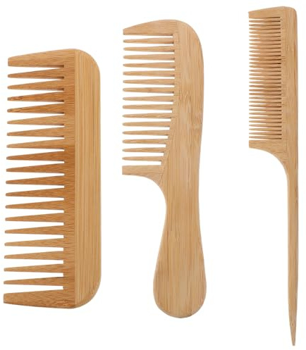 SAFIGLE Juego de 3 peines de bambú natural - Cepillo de dientes anchos antiestático - Peine de de rata para desenredar, peinar y cardar cabello grueso, fino y liso para hombres y mujeres.