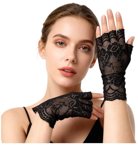 1 Paar Damen Spitzenhandschuhe Schwarz,Spitze Fingerlose Spitzen Handschuhe Kurze,Black Braut Lace Gloves Abschlussball Sexy Fingerless für Teeparty Halloween Hochzeit Maskerade Party Kostüm Zubehör