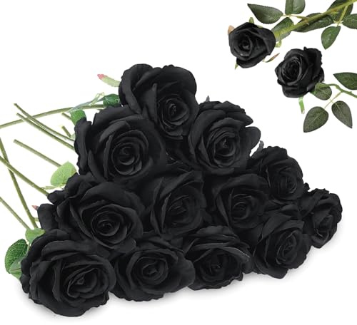 JcvPot 12 Stück Schwarz Rosen Künstlich, Dark Romance Deko, Single Stem Schwarze, Natürliche Und Schöne Fake Rose Bouquet, Kunstblumen Schwarz Für Hochzeit, Party, Wohnzimmer, DIY Handarbeiten