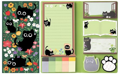 KZARYVEXIS Haftnotizen Set Schwarze Katze, Lustige Haftnotizen für Kinder | Selbstklebende Klebezettel mit süßem Tiermotiv, Stark haftend & Vielseitig, Ideal für Schule, Büro & Homeoffice, Dekorativ