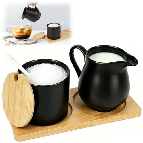 Ceramic Sugar and Creamer Set with Tray & Spoon - Elegant Milk Jug and Sugar Bowl Set for Coffee Bar Accessories - Modern Serving Set for Afternoon Tea, Home & Gifts (Straight Black)