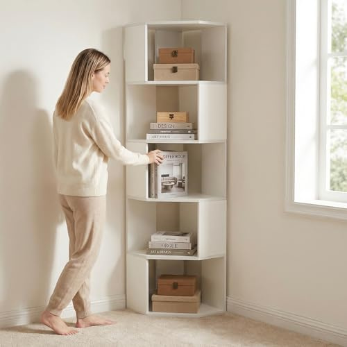 Oyajia Eckregal, Bücherregal, Regal, Würfelregal, Standregal, 5-stöckiges Holzregal, horizontal, vertikal oder kopfüber verwendbar, 40 * 40 * 159cm, für Wohnzimmer, Arbeitszimmer, Büro, weiß