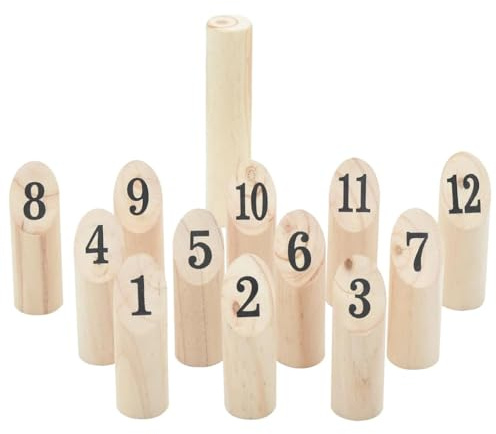 Kaloriko Kubb Kit de jeu 13 pièces en pin massif avec sac de transport, bâton de lancer de 5 x 22,5 cm et 12 blocs numérotés, jeu de jardin pour famille, loisirs, fête, camping, parc, terrasse