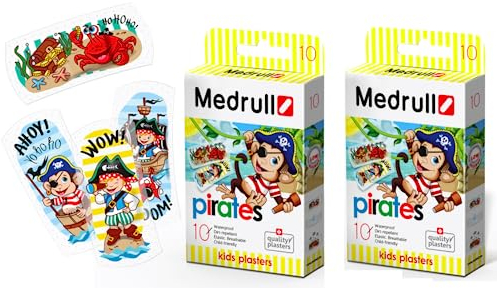 MEDRULL Cerotti per bambini PIRATI Cerotti colorati con disegni divertenti - Delicati sulla pelle, idrorepellenti Sterili 2 x 10 cerotti
