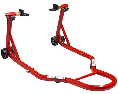 Cruizer - Cavalletto posteriore alzamoto Suzuki Triumph di colore rosso con attacchi a piastra, ruote sottostanti e barre laterali di rinforzo regolabili