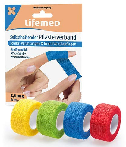 Lifemed Selbsthaftender Pflasterverband 4 m x 2,5 cm farbig sortiert (10 Stück)