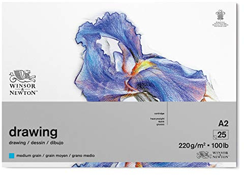 Winsor & Newton 6689749 Zeichenpapier im Block - 25 Blatt A2, 220g/m², mittlere Körnung, natürliches Weiß, säurefrei, Alterungsbeständig, Ideal für Bleistift, Buntstift, Pastell und Kohle