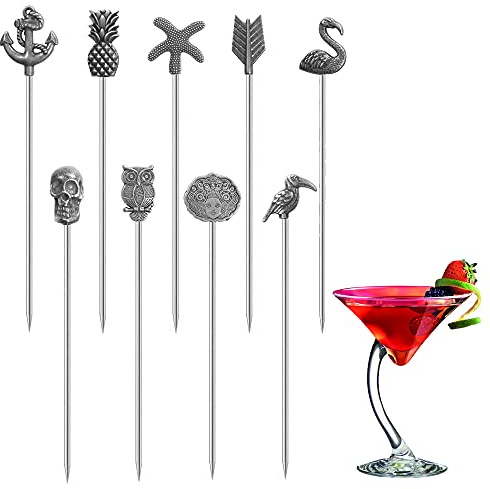 Martini - Set di 9 stuzzicadenti da cocktail riutilizzabili, per guarnire gli spiedini di frutta, colore: argento anticato