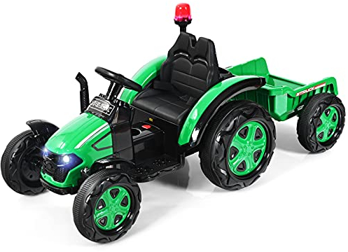 COSTWAY 12V Elektro Traktor für Kinder mit abnehmbarem Anhanger und 2,4G Fernbedienung, Aufsitztraktor 3-8 km/h mit Warnleuchte, Hupe, Musik, Getränkehalter, geeignet fur Kinder ab 3 Jahren (Grün)