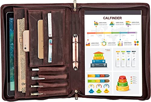 Calfinder Schreibmappe A4 Konferenzmappe a4 Leder Ringbuch Ledermappe A4 Laptoptasche 13 zoll, Rindsleder Lederschreibmappe, Ledermappe, Dokumentenmappe, Aktenmappe,Geschenke für Männer, Dunkelbraun